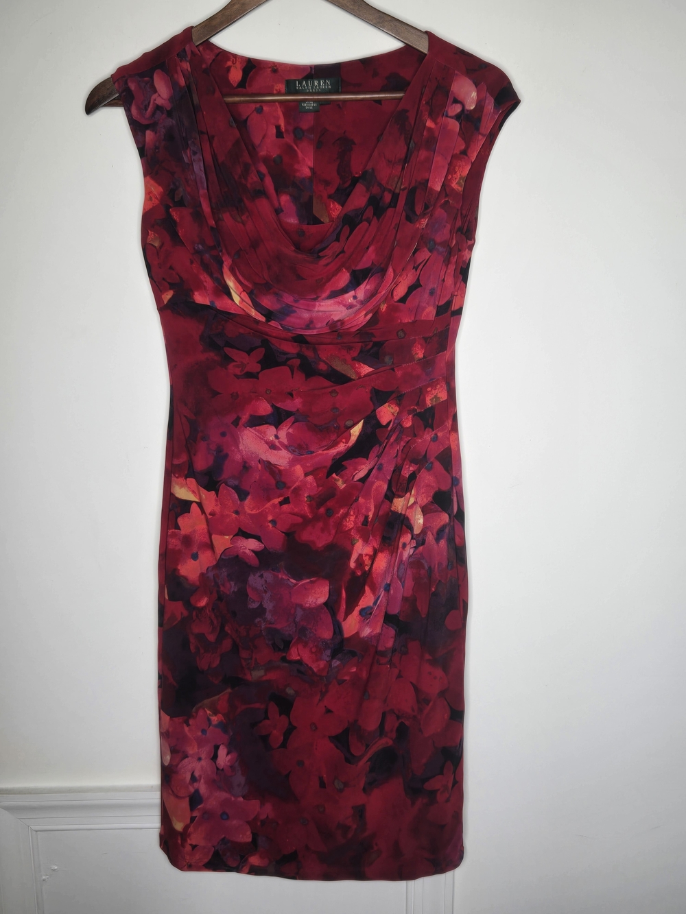 Lauren Ralph Lauren Red Pink Watercolor Floral Cowl Neck Ruched Sheath Dress 6P